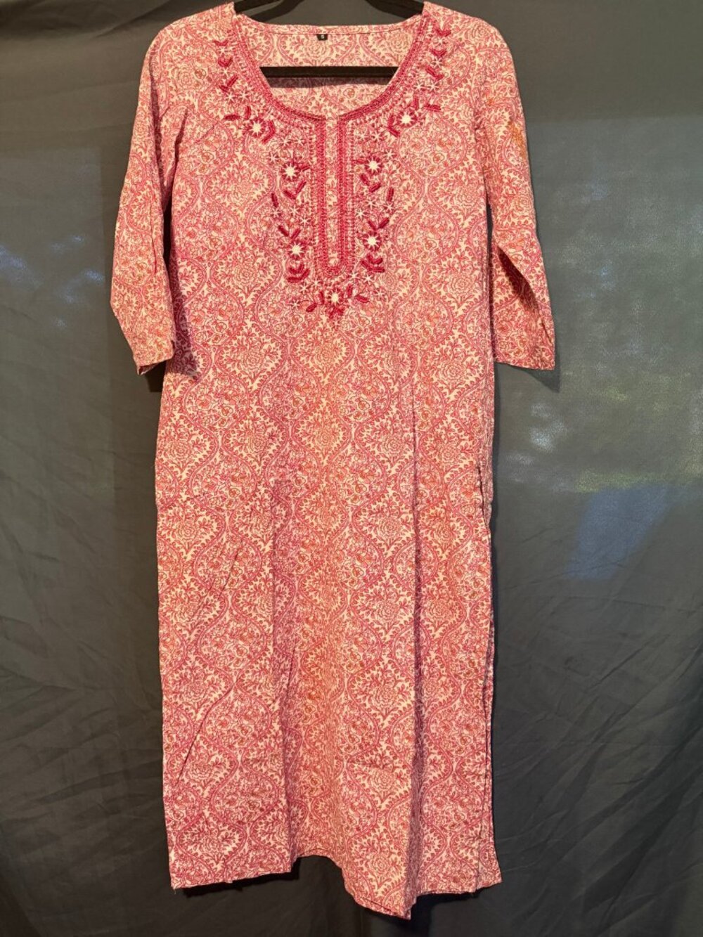 Pink Floral Embroidered Kurti Womens S Tunic Top 3/4 Sleeve